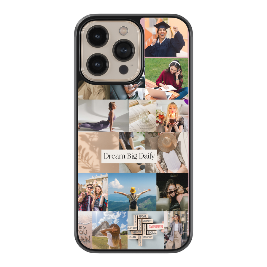 Inspirational vision board iPhone case featuring a collage of motivational lifestyle images with the quote "Dream Big Daily" in the center.