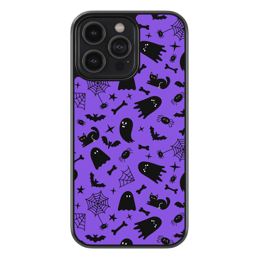 Purple phone case with cute black cats, spooky ghosts, bats, bones, and spider webs – Halloween aesthetic design for iPhone and Samsung.