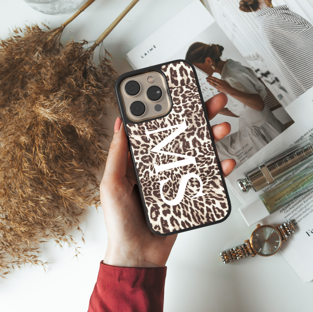 Black and white leopard print phone case with pink vertical monogram – custom iPhone and Samsung case for stylish women