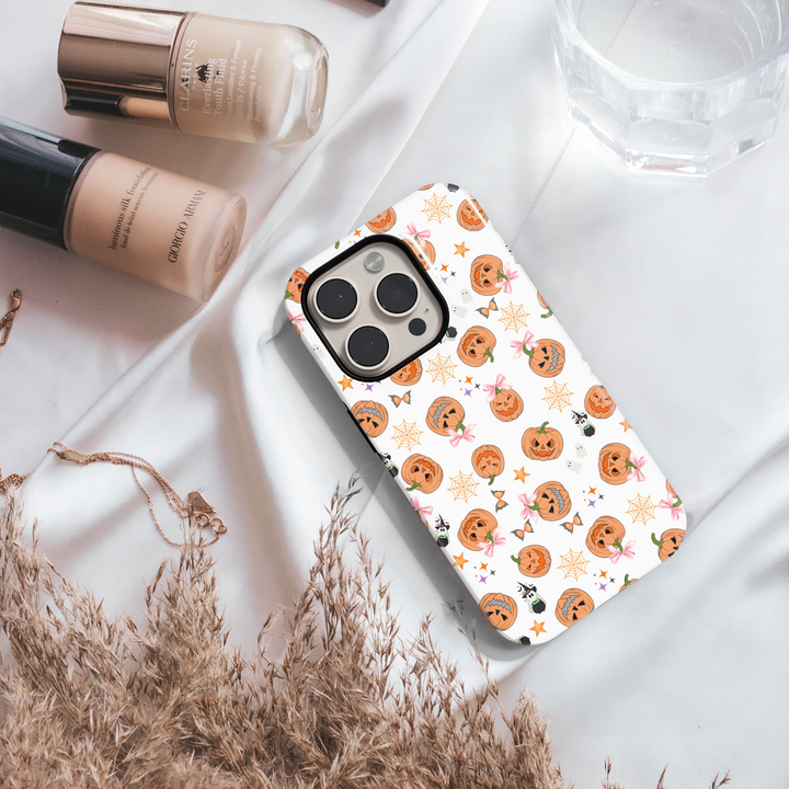 White Halloween iPhone Case with Pumpkins, Ghosts, and Pink Bows – MagSafe iPhone 16 Pro Max Case for Women