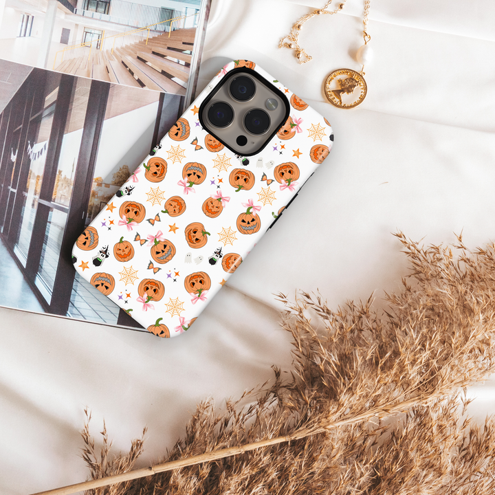 White Halloween iPhone Case with Pumpkins, Ghosts, and Pink Bows – MagSafe iPhone 16 Pro Max Case for Women
