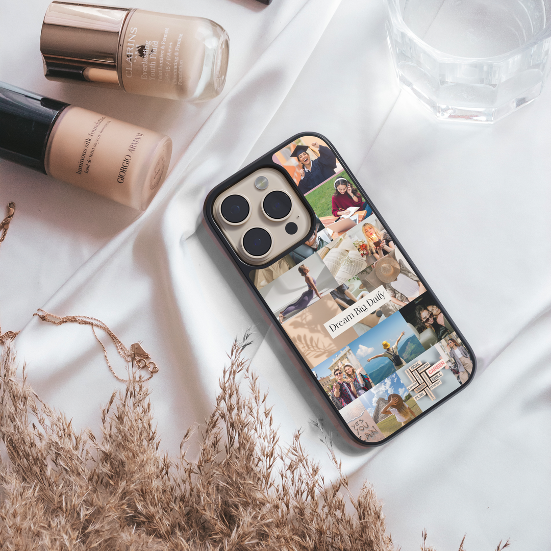 Inspirational vision board iPhone case featuring a collage of motivational lifestyle images with the quote "Dream Big Daily" in the center.