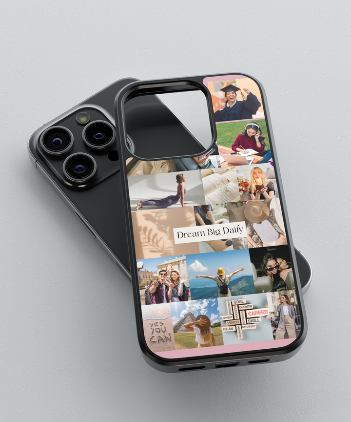 Inspirational vision board iPhone case featuring a collage of motivational lifestyle images with the quote "Dream Big Daily" in the center.