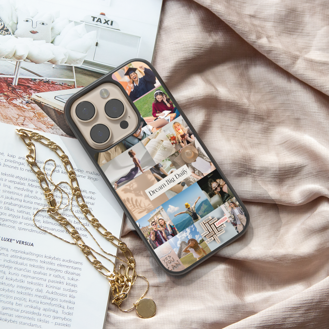 Inspirational vision board iPhone case featuring a collage of motivational lifestyle images with the quote "Dream Big Daily" in the center.