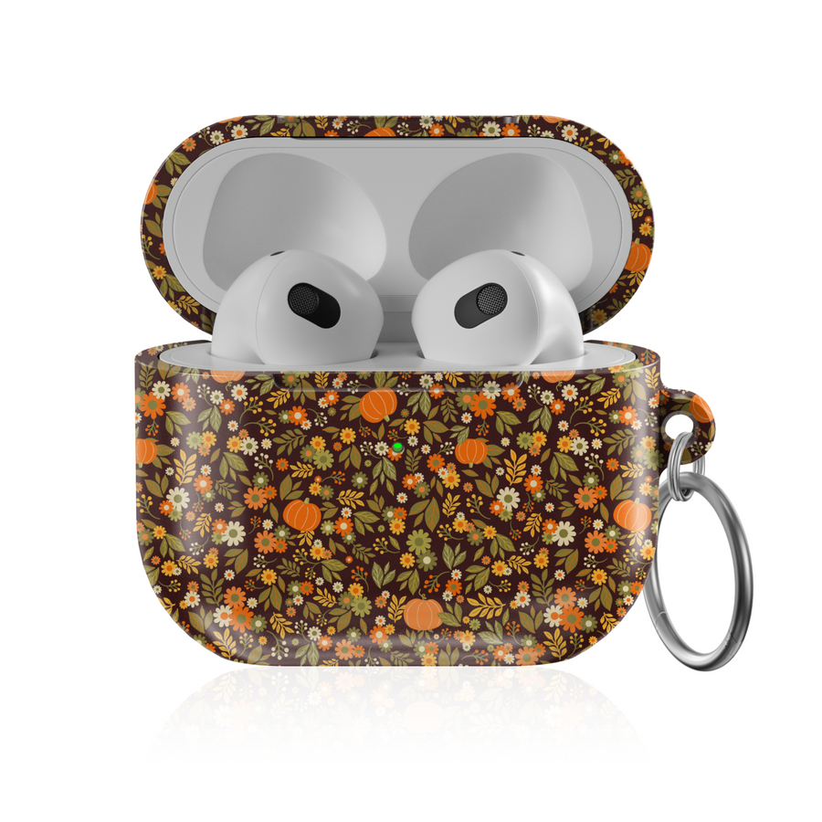 White AirPods case with pumpkin and floral fall pattern, autumn aesthetic protective AirPods Pro & AirPods 3 cover