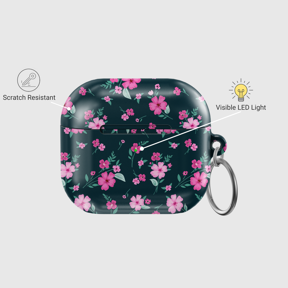 Dark glossy AirPods case with vibrant pink floral pattern and secure keychain ring, offering stylish protection for AirPods Pro and AirPods 3, perfect for music lovers.