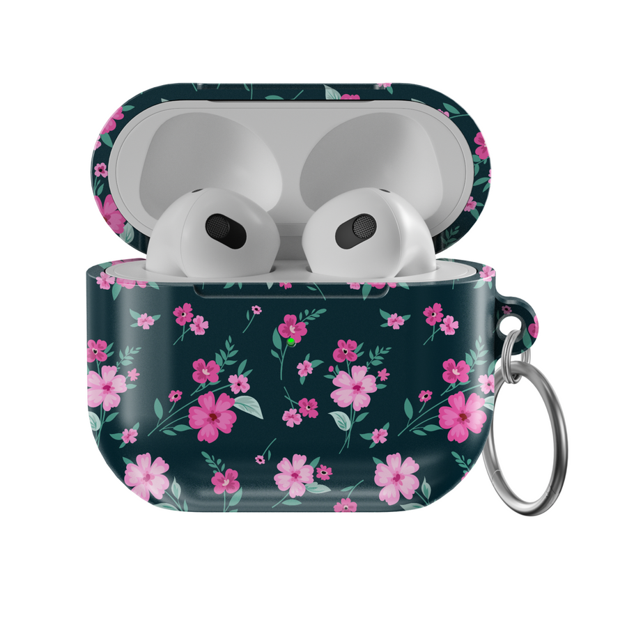 Dark glossy AirPods case with vibrant pink floral pattern and secure keychain ring, offering stylish protection for AirPods Pro and AirPods 3, perfect for music lovers.