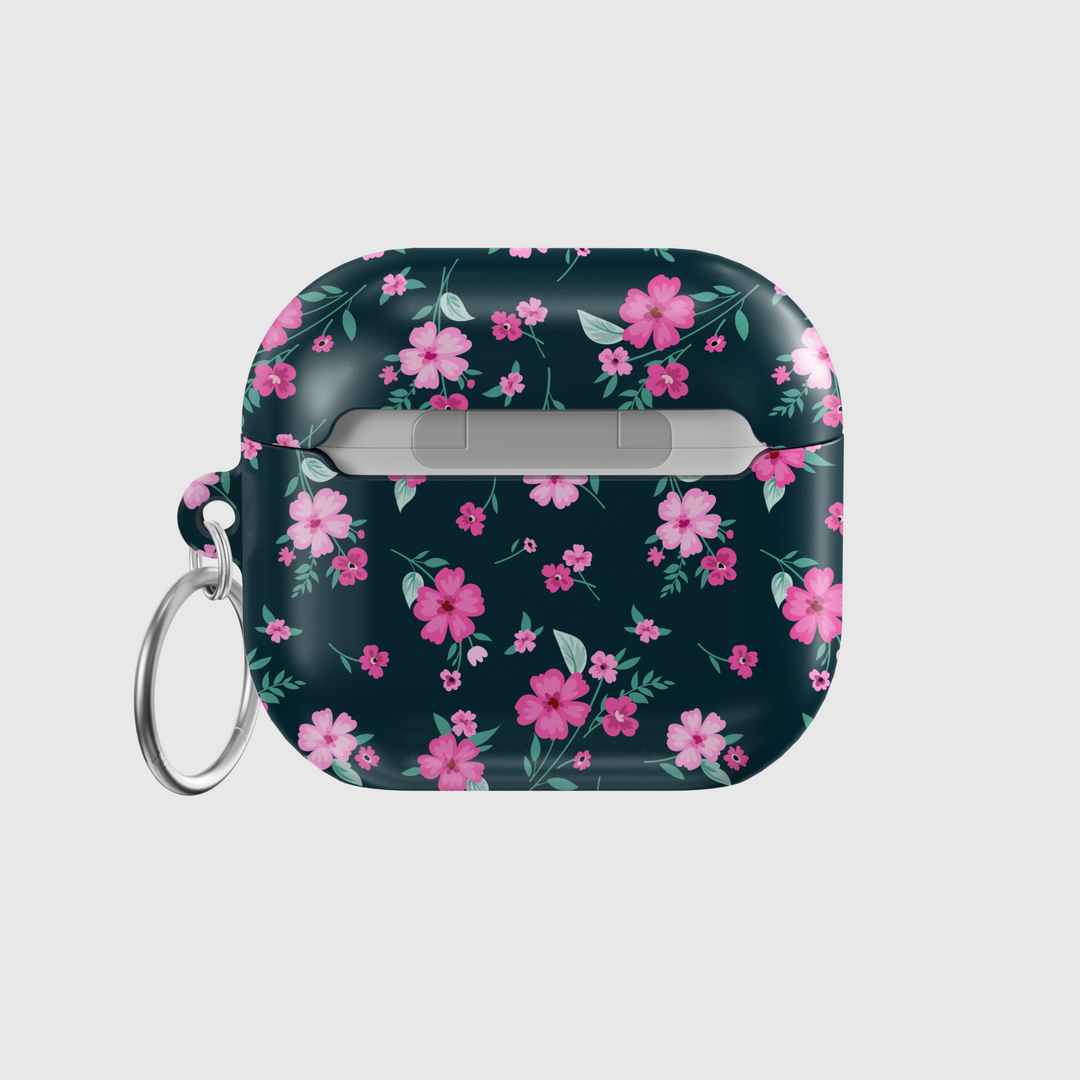 Dark glossy AirPods case with vibrant pink floral pattern and secure keychain ring, offering stylish protection for AirPods Pro and AirPods 3, perfect for music lovers.