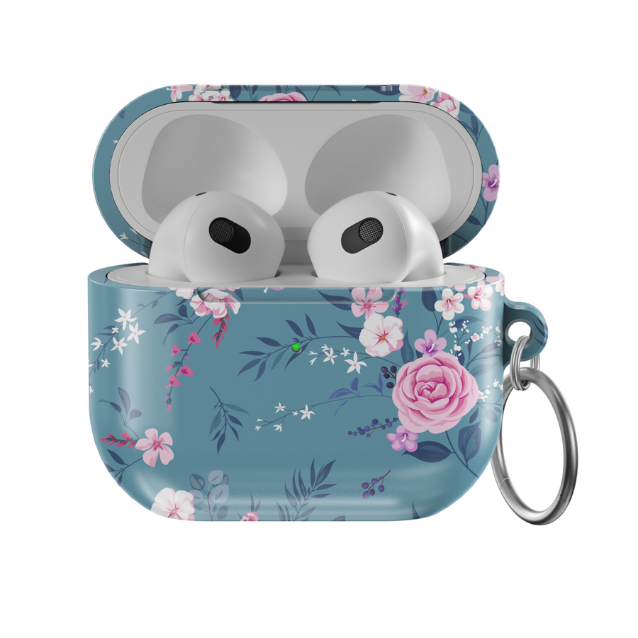 Glossy teal AirPods case with elegant pink and white floral design, featuring a secure keychain ring. A chic and music-inspired protective cover for AirPods Pro and AirPods 3.