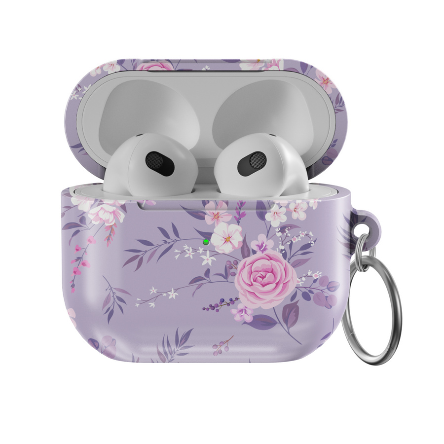 Elegant purple AirPods case with a soft pink and white floral pattern, featuring a silver keychain ring. Music-inspired aesthetic perfect for feminine, romantic styles. Fits AirPods Pro and AirPods 3.
