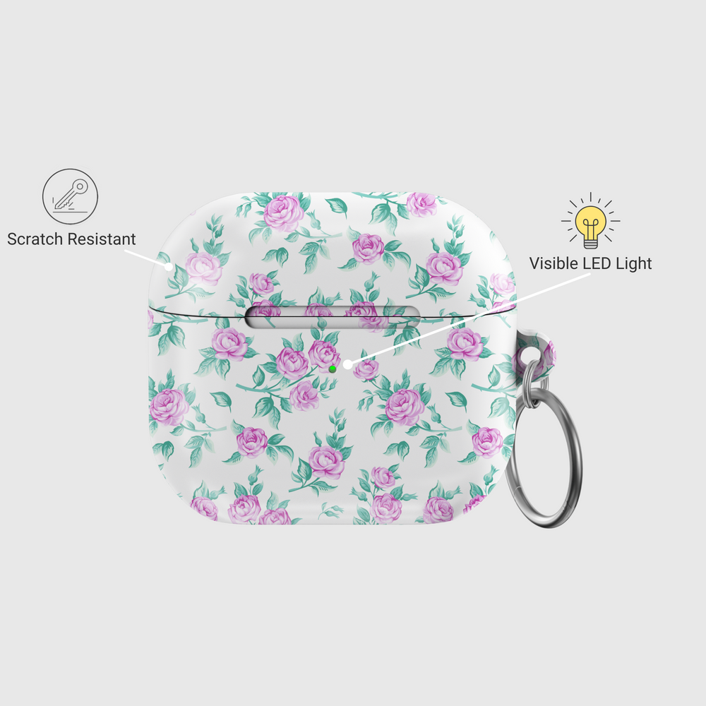 White AirPods case cover with pink vintage rose pattern and green leaves, featuring a silver keychain ring. Music-inspired floral design perfect for a romantic aesthetic, compatible with AirPods Pro and AirPods 3.