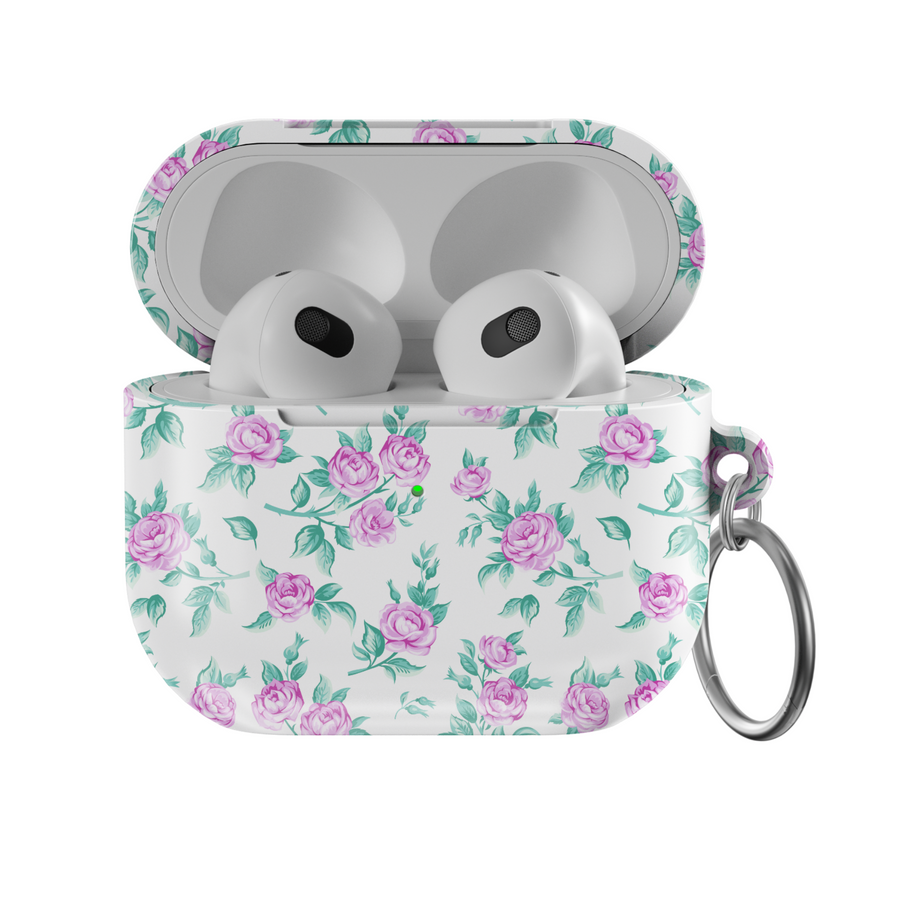 White AirPods case cover with pink vintage rose pattern and green leaves, featuring a silver keychain ring. Music-inspired floral design perfect for a romantic aesthetic, compatible with AirPods Pro and AirPods 3.