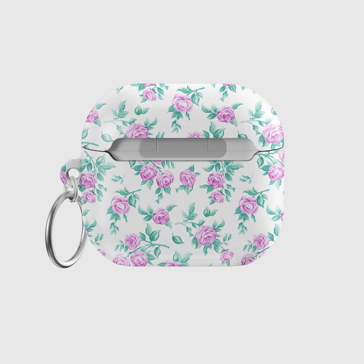 White AirPods case cover with pink vintage rose pattern and green leaves, featuring a silver keychain ring. Music-inspired floral design perfect for a romantic aesthetic, compatible with AirPods Pro and AirPods 3.