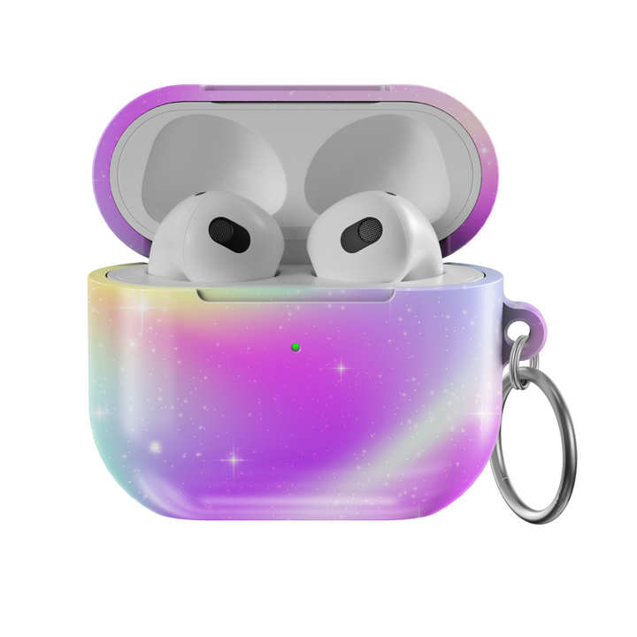 AirPods case featuring a pastel ombre galaxy design with sparkling stars, blending soft purple, pink, blue, and yellow tones, finished with a keychain ring.