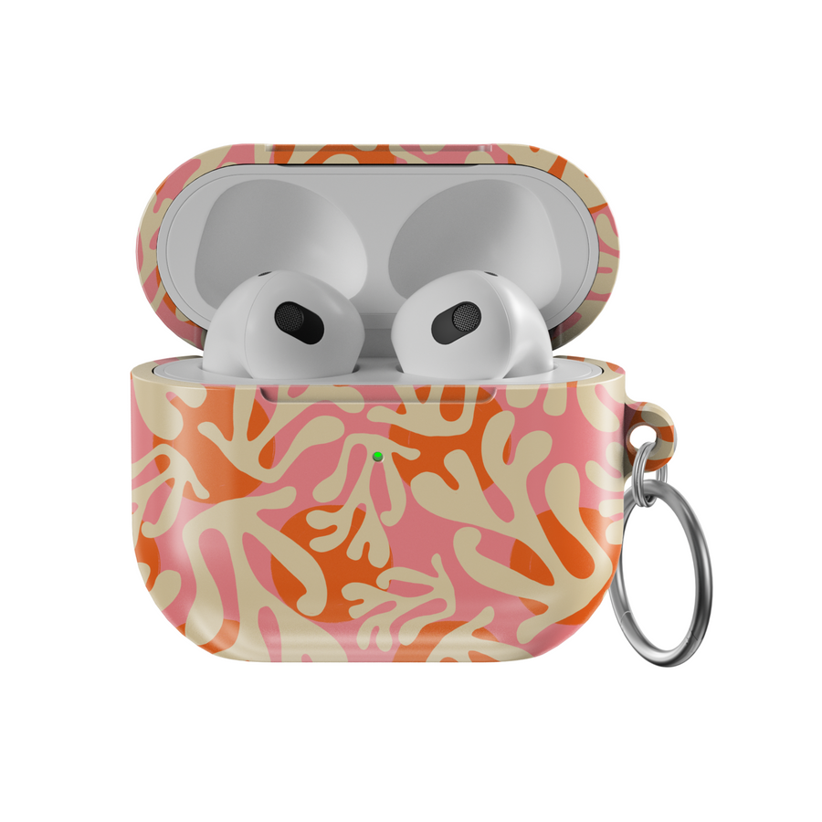 Tropical coral reef patterned AirPods case in peach, pink, and orange tones with keychain clip – compatible with AirPods 3rd Gen.