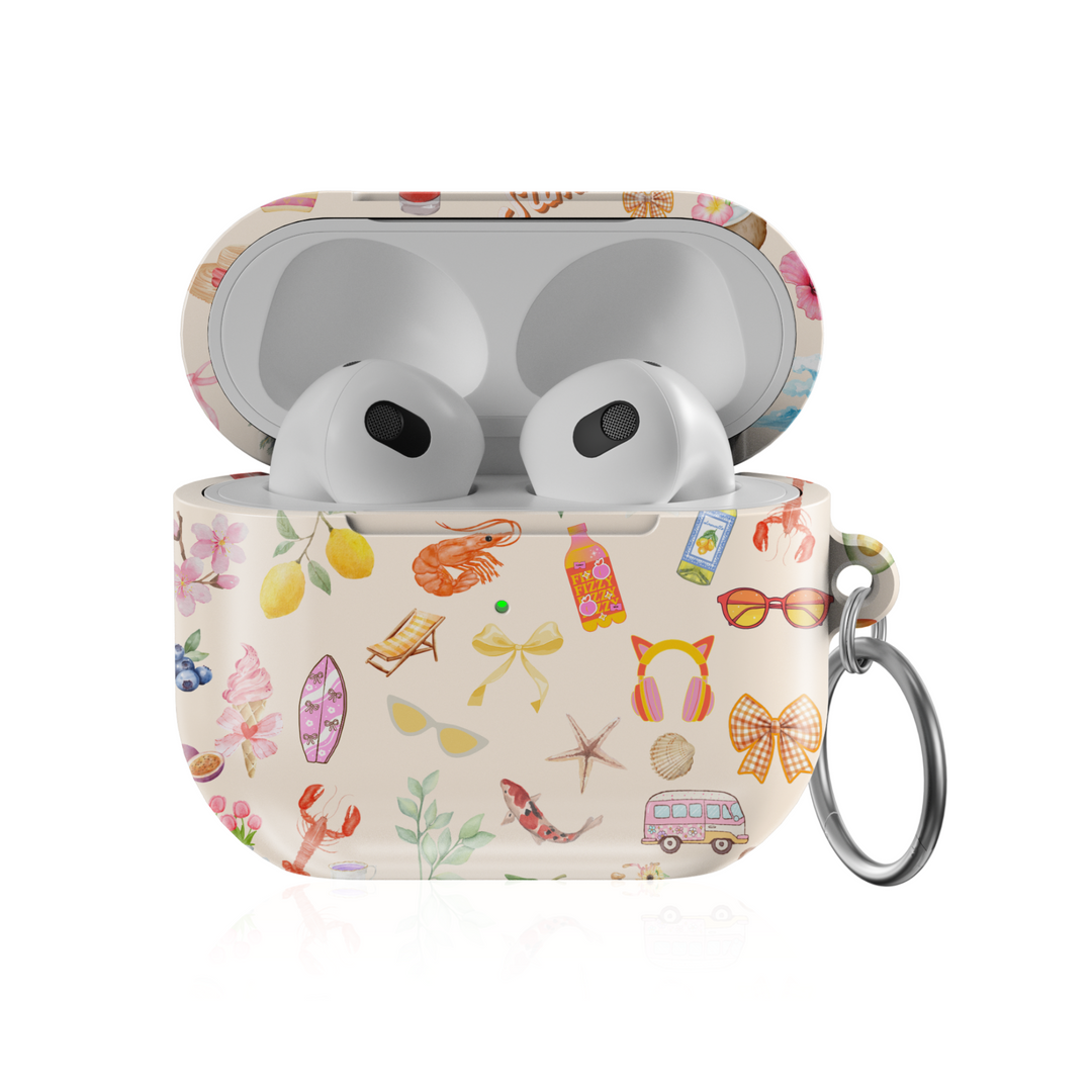 Glossy AirPods case with summer doodle illustrations and attached silver keychain ring