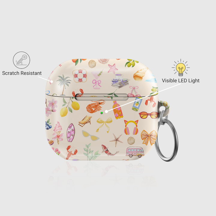 Glossy AirPods case with summer doodle illustrations and attached silver keychain ring