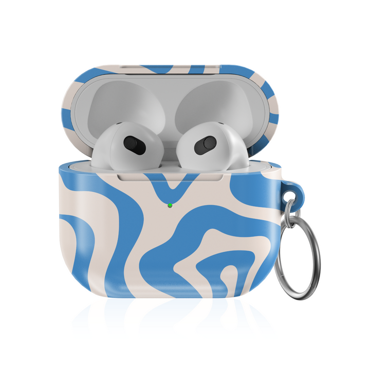 Glossy AirPods case with blue and cream abstract swirl pattern and metal keychain ring