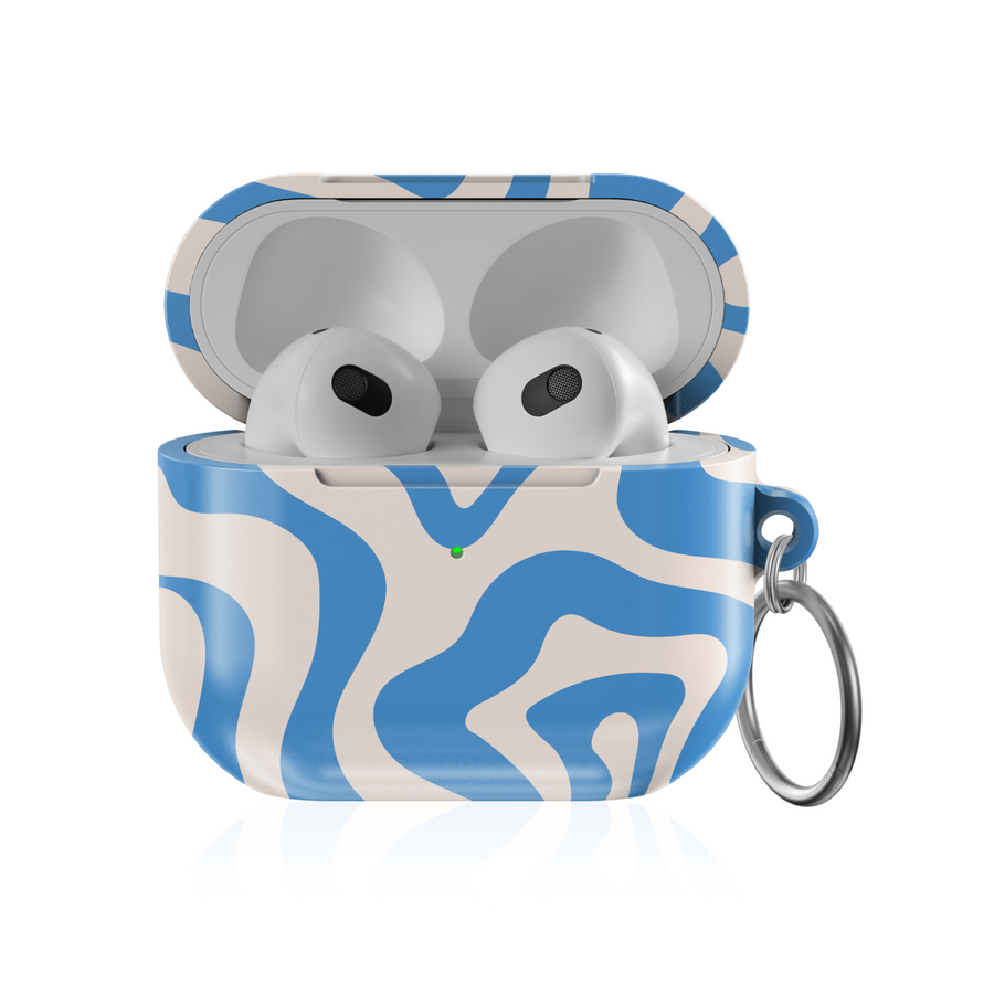 Glossy AirPods case with blue and cream abstract swirl pattern and metal keychain ring