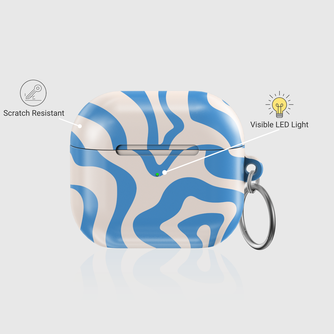 Glossy AirPods case with blue and cream abstract swirl pattern and metal keychain ring