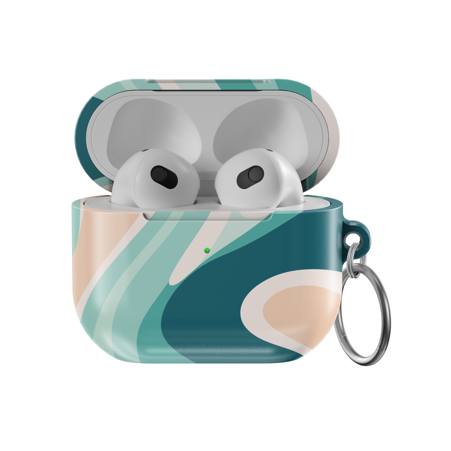 Teal abstract wavy AirPods case with silver keyring – blue green and beige modern design for AirPods 3rd Gen.