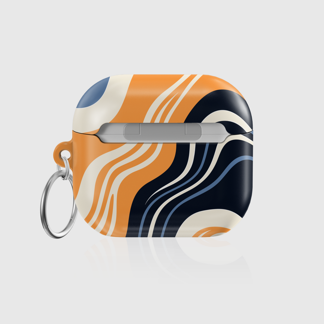 Abstract navy orange wavy AirPods case with silver keyring – retro style tech accessory for AirPods 3rd Gen.