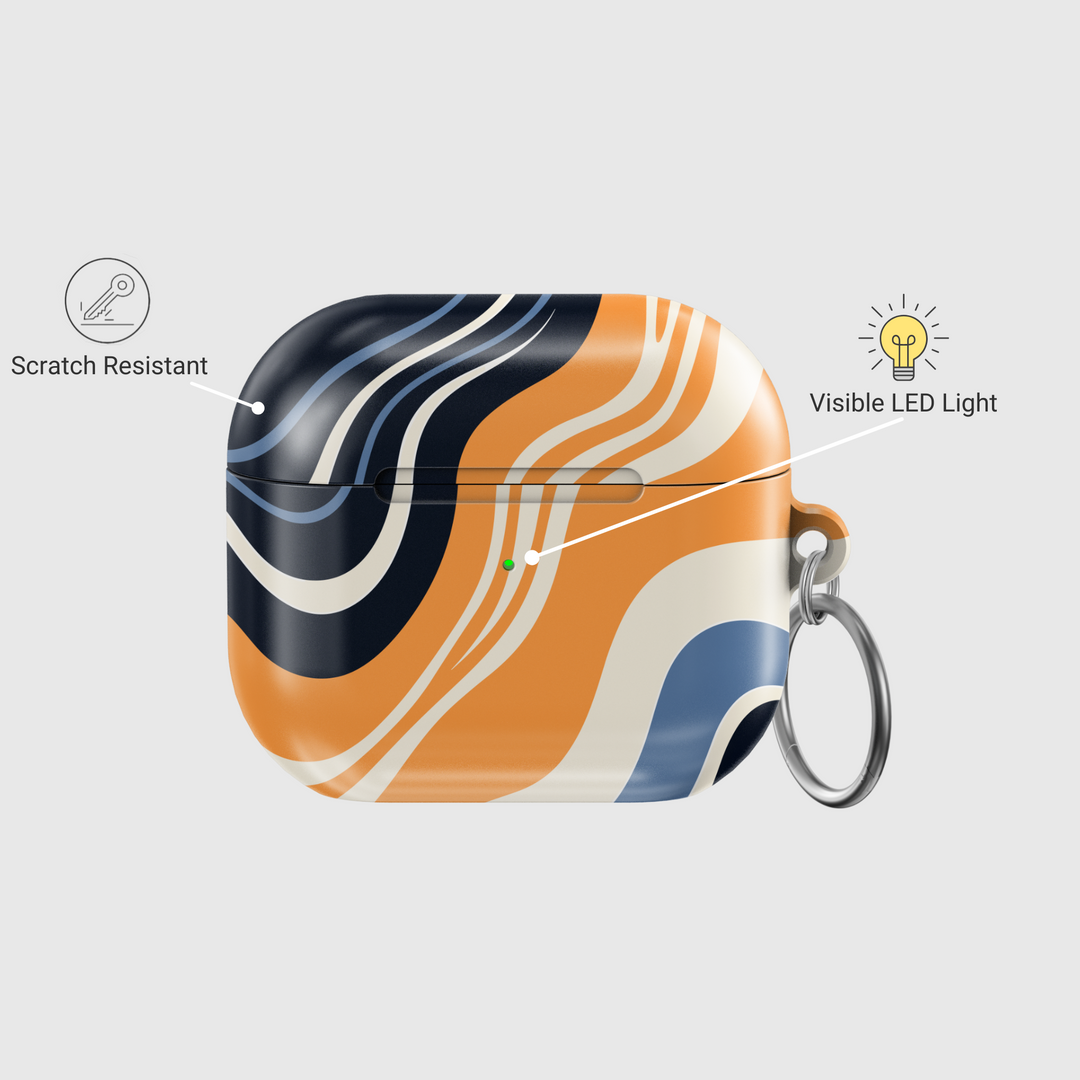 Abstract navy orange wavy AirPods case with silver keyring – retro style tech accessory for AirPods 3rd Gen.