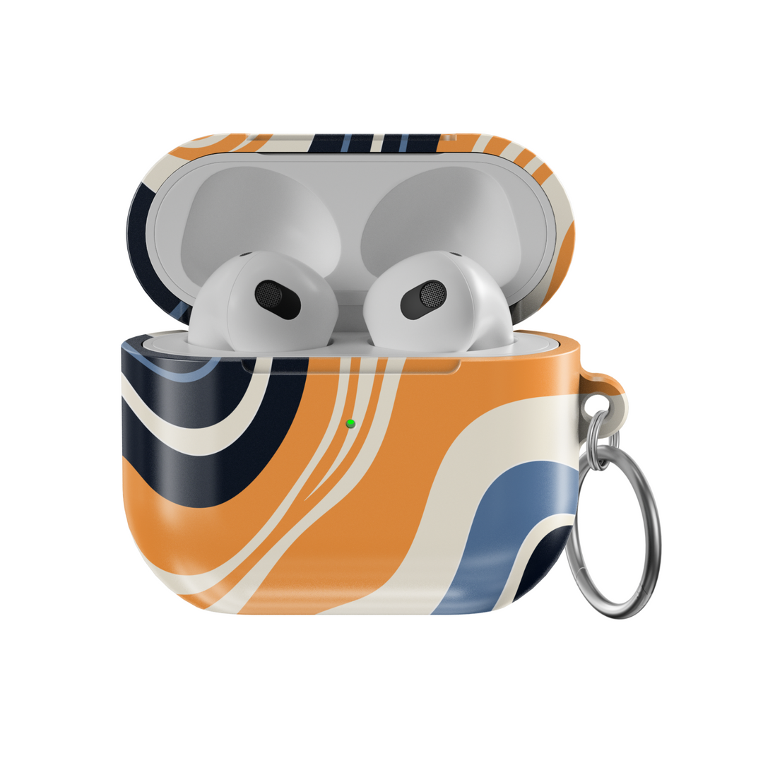 Abstract navy orange wavy AirPods case with silver keyring – retro style tech accessory for AirPods 3rd Gen.