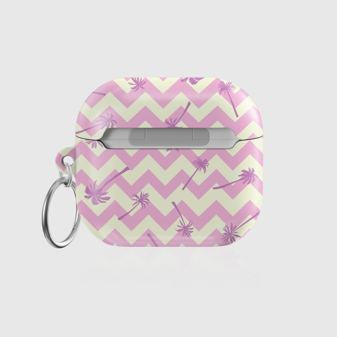 Pink and cream chevron AirPods case with lavender palm tree design and silver keyring. Tropical pastel tech accessory.
