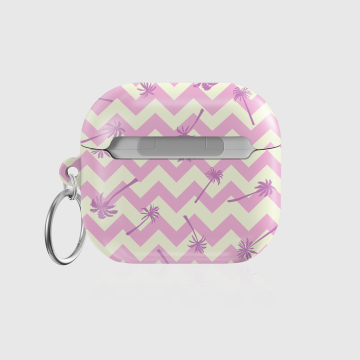 Pink and cream chevron AirPods case with lavender palm tree design and silver keyring. Tropical pastel tech accessory.