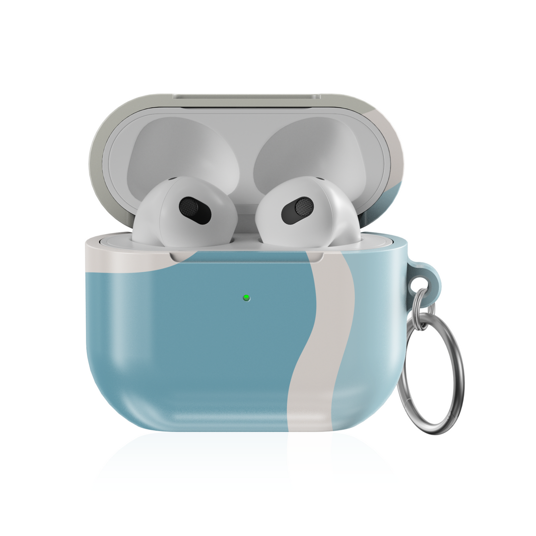 Glossy pastel blue AirPods case with beige wavy abstract print and silver keychain