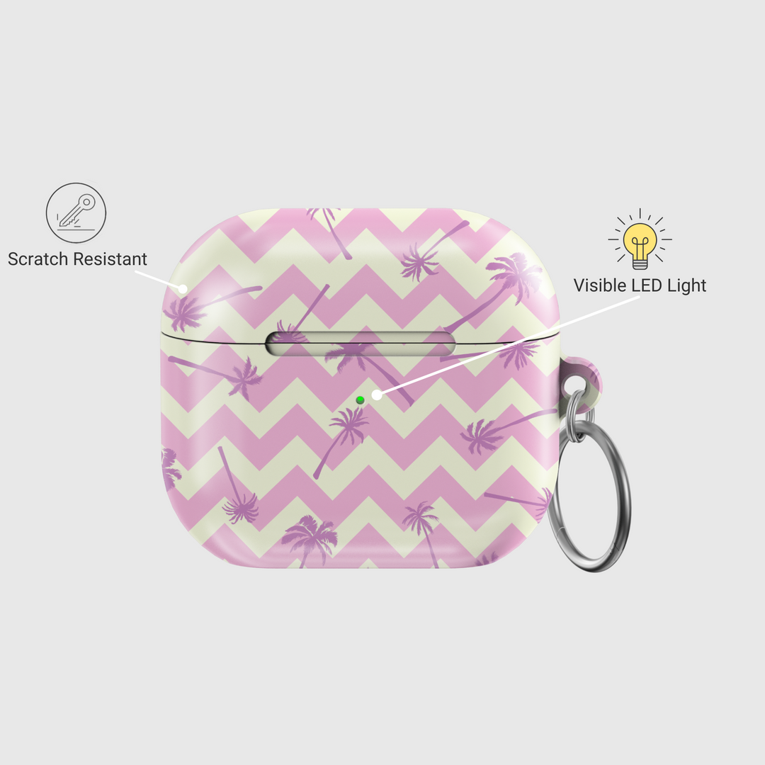 Pink and cream chevron AirPods case with lavender palm tree design and silver keyring. Tropical pastel tech accessory.