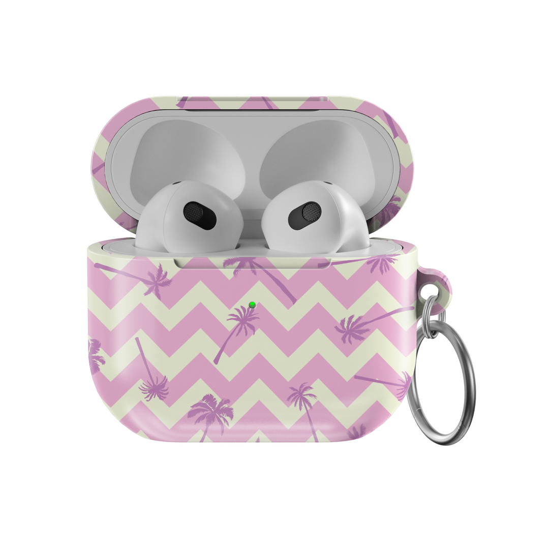 Pink and cream chevron AirPods case with lavender palm tree design and silver keyring. Tropical pastel tech accessory.