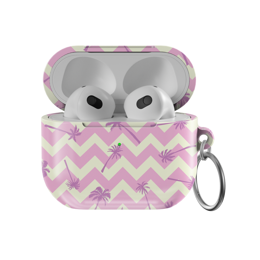 Pink and cream chevron AirPods case with lavender palm tree design and silver keyring. Tropical pastel tech accessory.