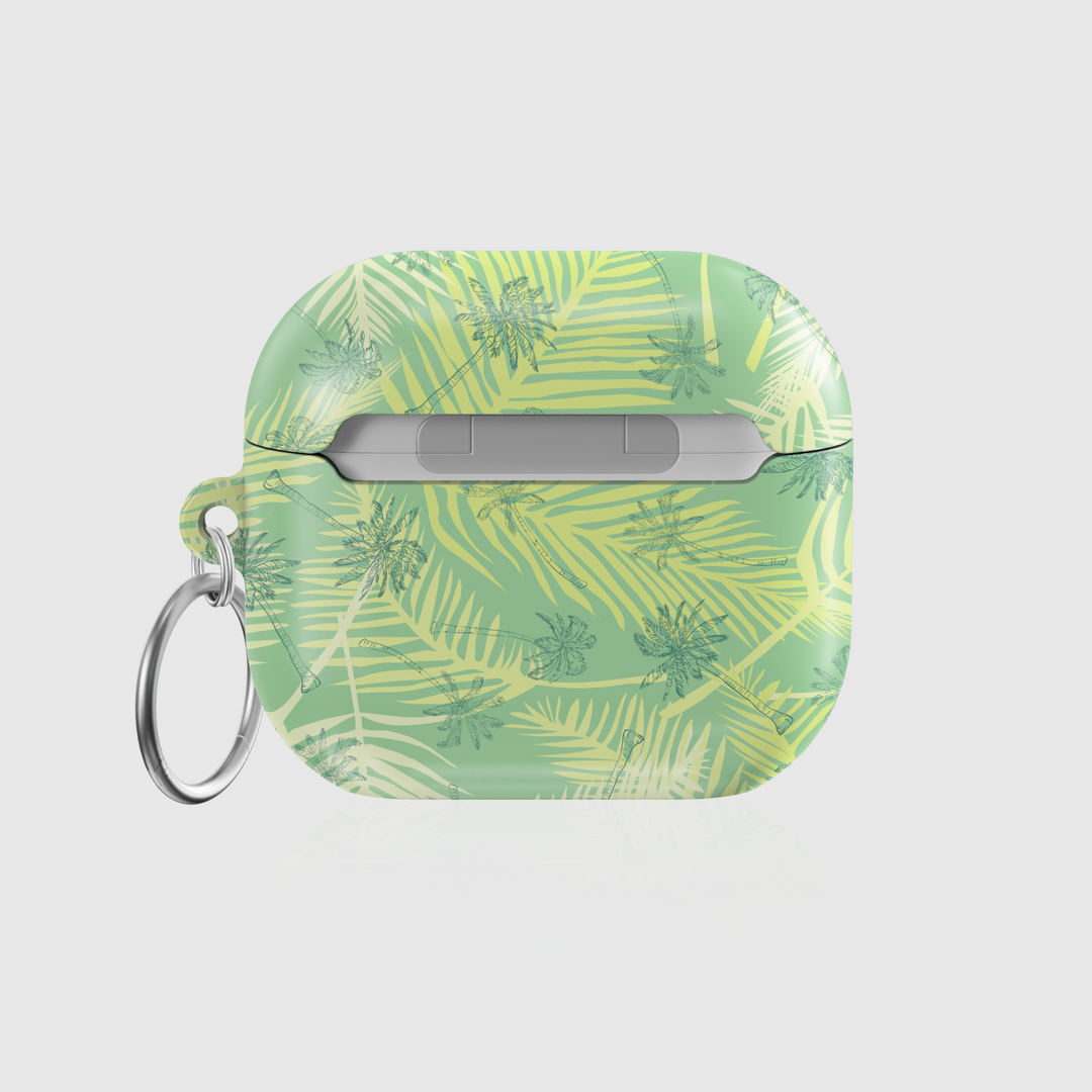 AirPods 3rd Gen case with green palm leaf tropical design and silver keyring. Summer and beach accessory.
