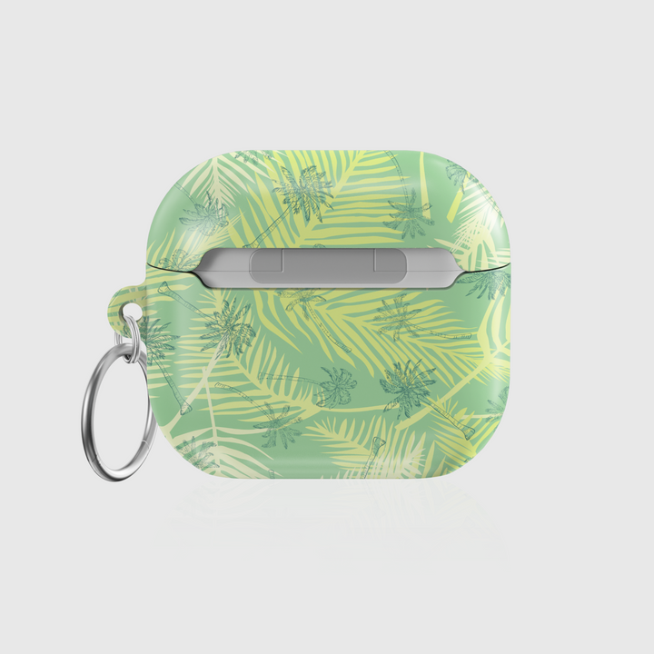 AirPods 3rd Gen case with green palm leaf tropical design and silver keyring. Summer and beach accessory.