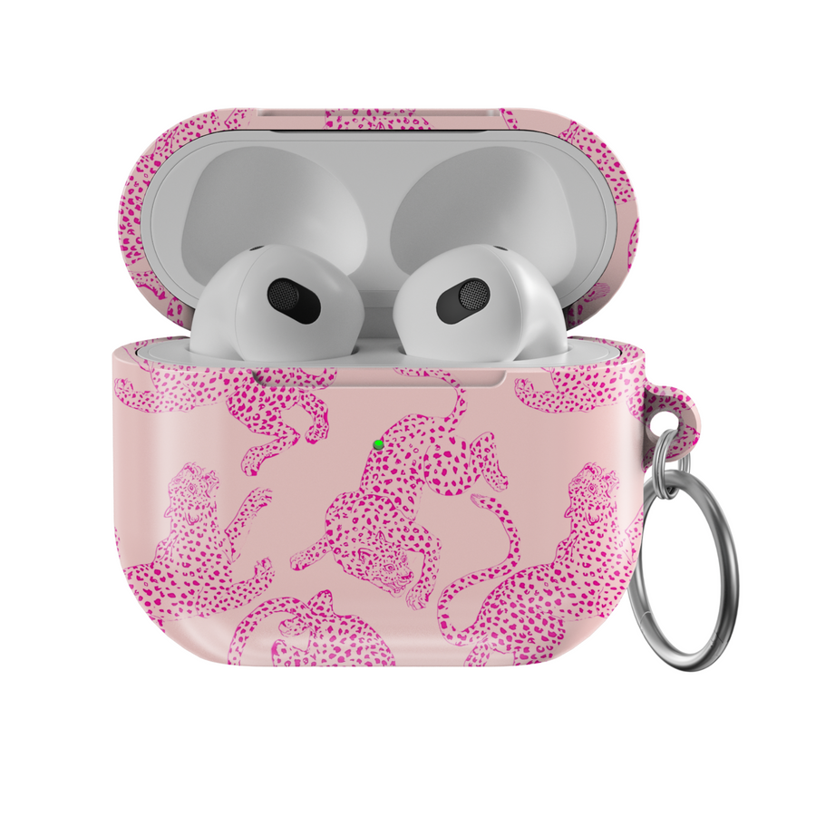 Light pink glossy AirPods case with pink leopard print design and a silver keyring attachment, stylish and playful for everyday use.