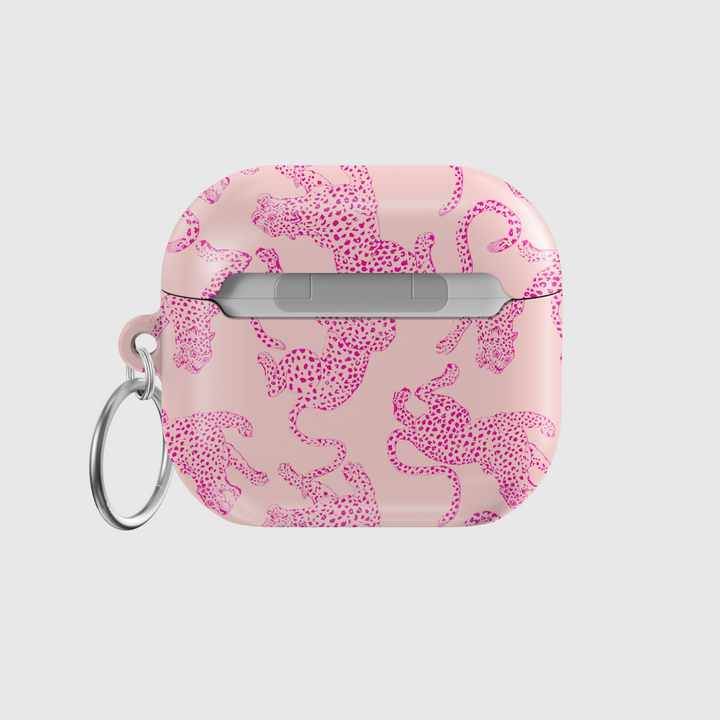 Light pink glossy AirPods case with pink leopard print design and a silver keyring attachment, stylish and playful for everyday use.