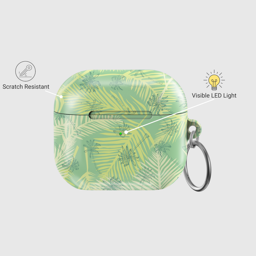 AirPods 3rd Gen case with green palm leaf tropical design and silver keyring. Summer and beach accessory.