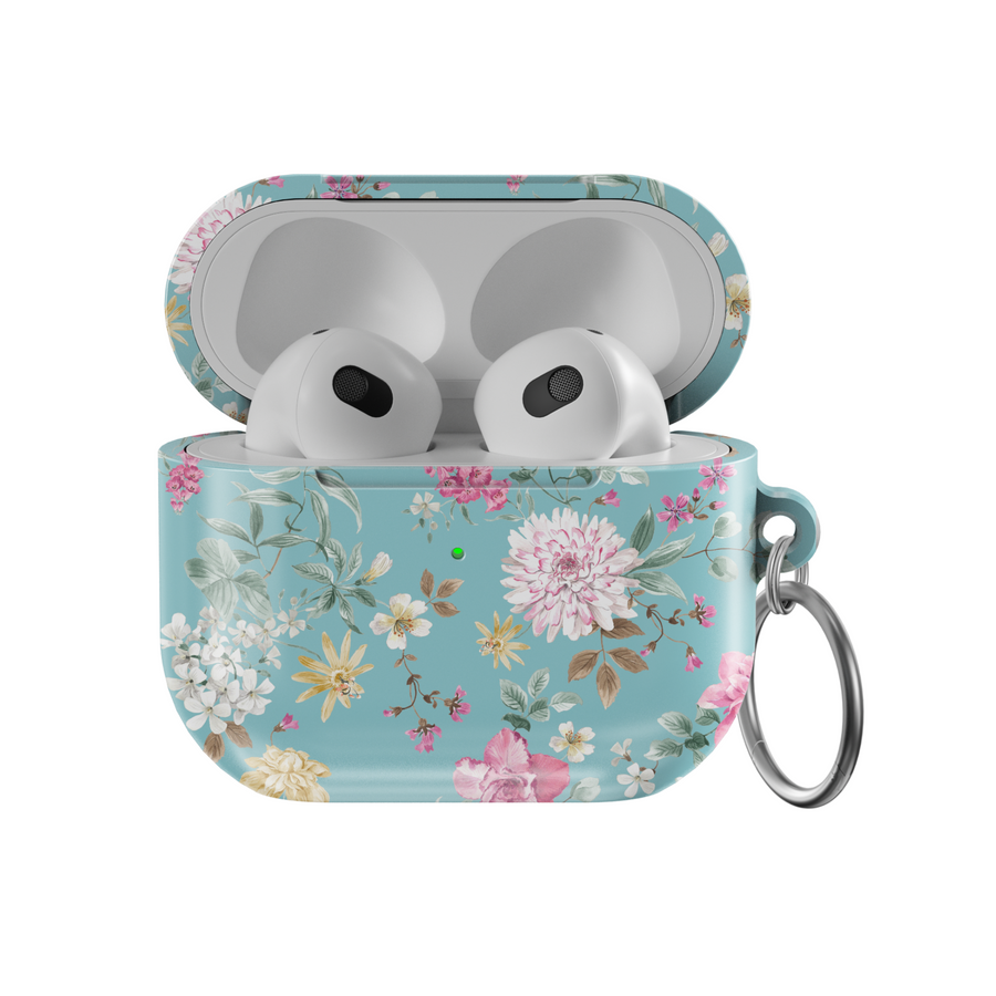 Teal AirPods case with pink, white, and yellow wildflowers, aesthetic floral protective AirPods Pro and Gen 1 2 3 cover with attached silver keyring