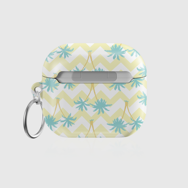 AirPods 3rd Gen case with pastel chevron and palm tree design. Includes keyring. Summer beach aesthetic. Tropical vibes.