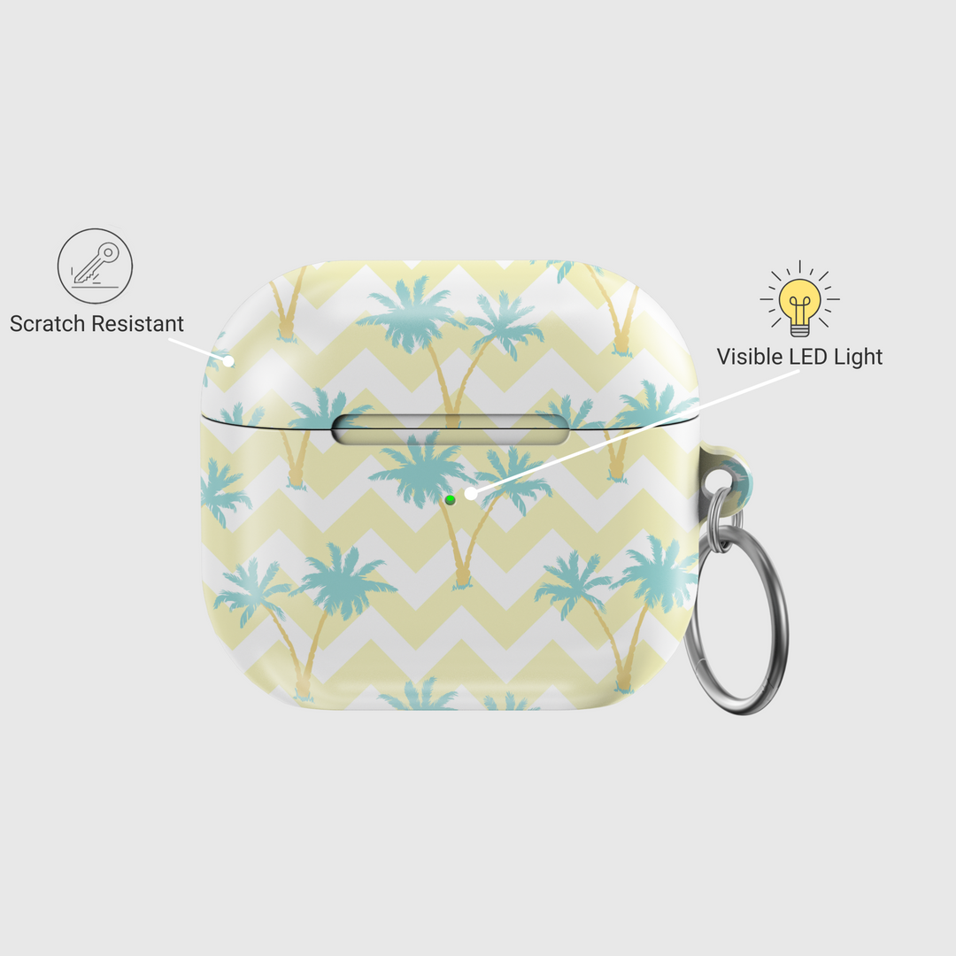 AirPods 3rd Gen case with pastel chevron and palm tree design. Includes keyring. Summer beach aesthetic. Tropical vibes.