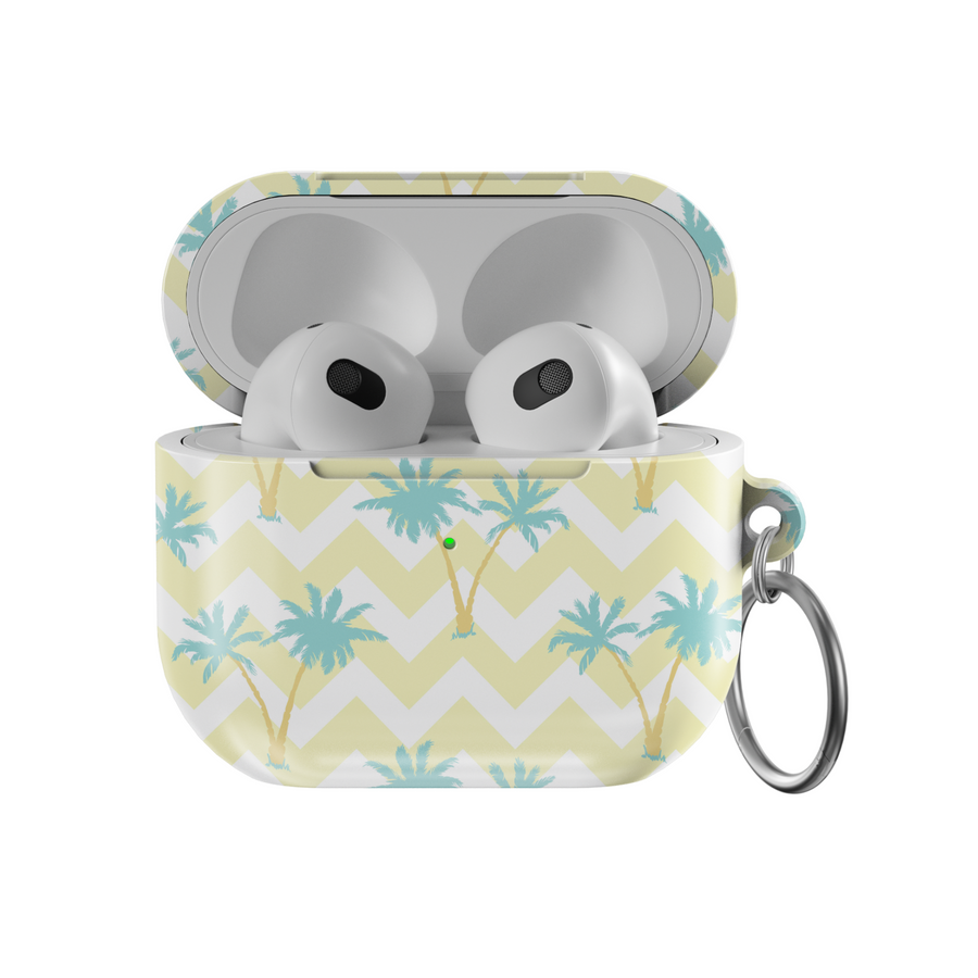 AirPods 3rd Gen case with pastel chevron and palm tree design. Includes keyring. Summer beach aesthetic. Tropical vibes.
