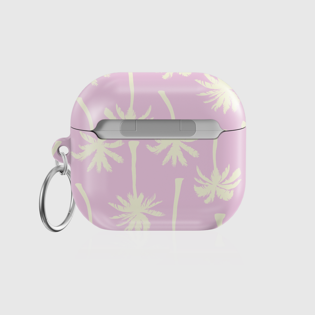 Lavender AirPods case with cream palm tree design. Compatible with AirPods 3rd Gen. Tropical beach style with metal keyring included.