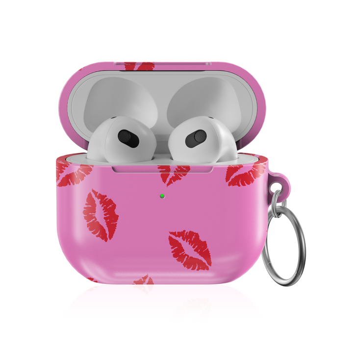 Glossy pink AirPods case with red lipstick kiss prints and keychain ring – cute girly style