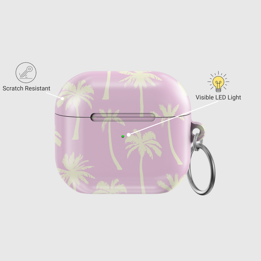 Lavender AirPods case with cream palm tree design. Compatible with AirPods 3rd Gen. Tropical beach style with metal keyring included.