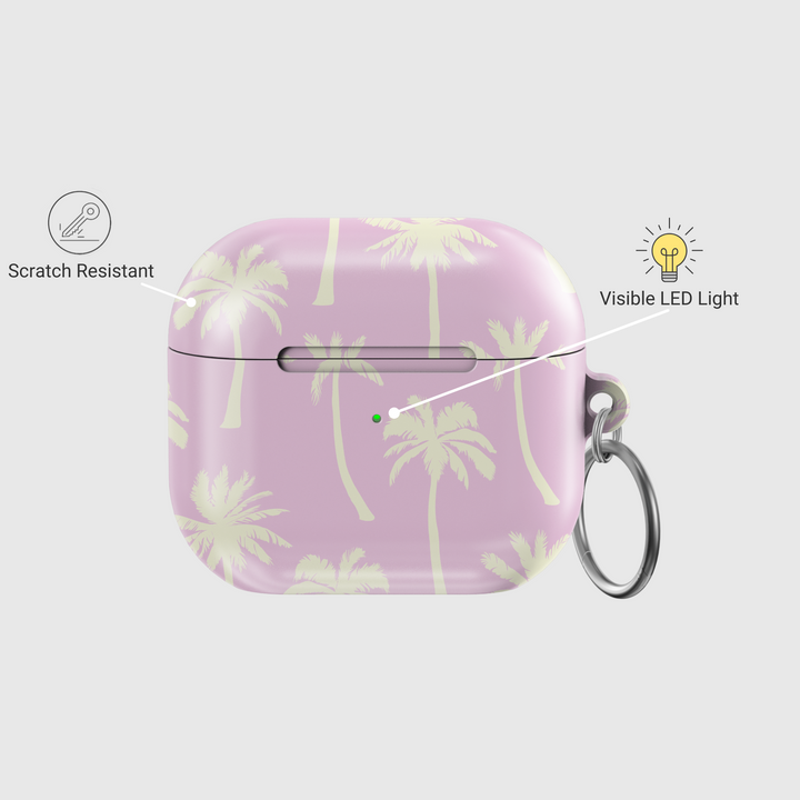 Lavender AirPods case with cream palm tree design. Compatible with AirPods 3rd Gen. Tropical beach style with metal keyring included.