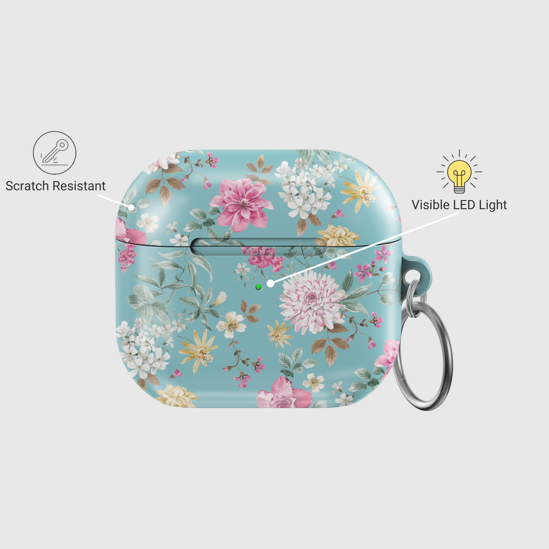 Teal AirPods case with pink, white, and yellow wildflowers, aesthetic floral protective AirPods Pro and Gen 1 2 3 cover with attached silver keyring