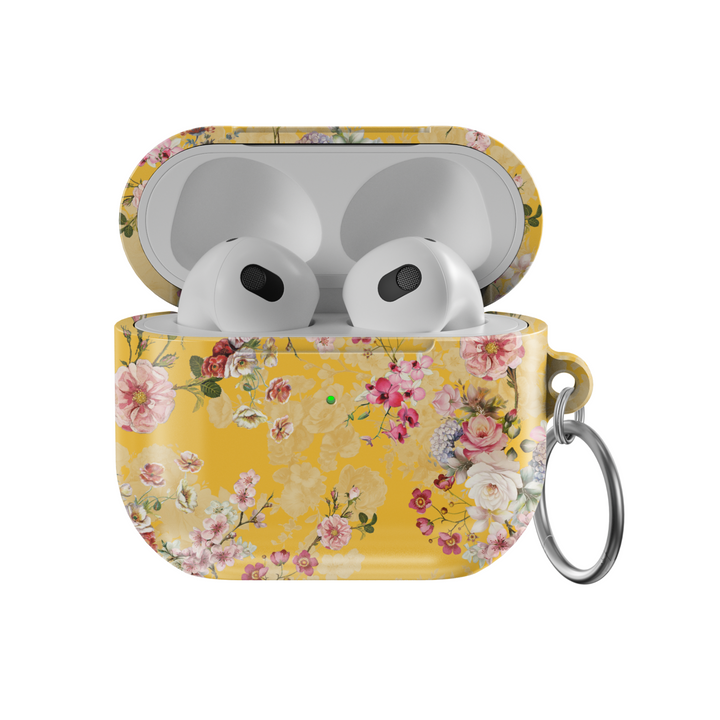 Vibrant yellow AirPods case with colorful floral print, girly protective case for AirPods Pro and Gen 1 2 3 with attached keyring