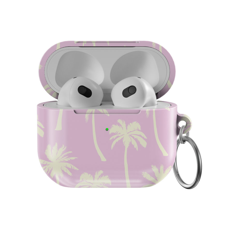 Lavender AirPods case with cream palm tree design. Compatible with AirPods 3rd Gen. Tropical beach style with metal keyring included.